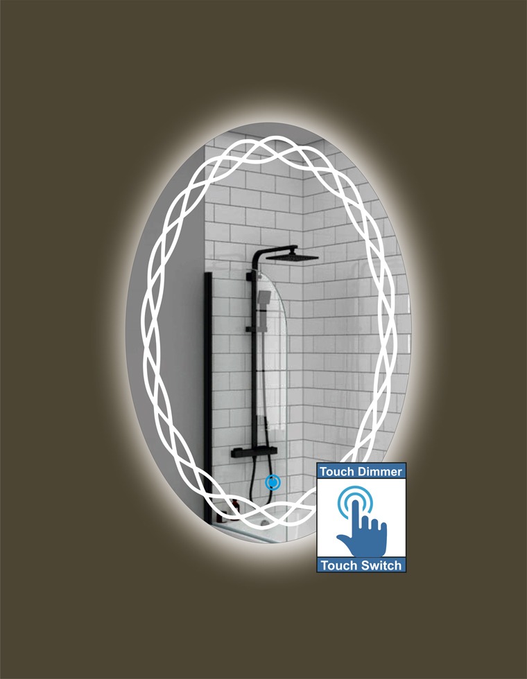 Καθρέπτης μπάνιου οβάλ με led φωτισμό, σχέδιο αμμοβολής και διακόπτη on/off με τεχνολογία  αφής με dimmer.