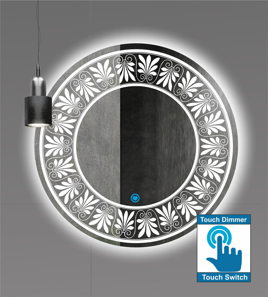 Καθρέπτης μπάνιου στρογγυλός κρεμαστός με led φωτισμό, σχέδιο αμμοβολής και διακόπτη on/off με τεχνολογία αφής και dimmer.