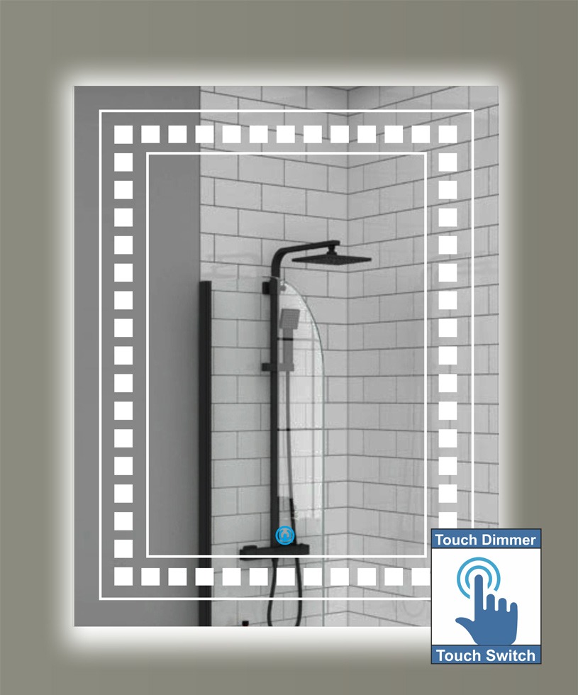 Καθρέπτης μπάνιου με led φωτισμό, γραμμικό σχέδιο αμμοβολής και διακόπτη on/off με τεχνολογία αφής και dimmer.
