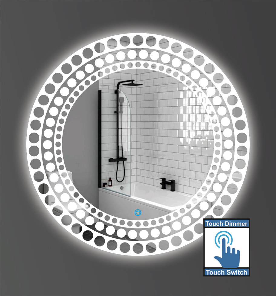 Καθρέπτης μπάνιου στρογγυλός με σχέδιο αμμοβολής περιμετρικά και led φωτισμό με διακόπτη on/off με τεχνολογία αφής με dimmer