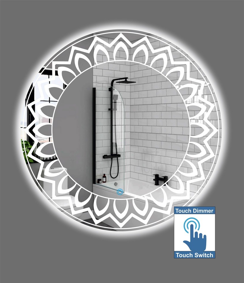 Καθρέπτης μπάνιου στρογγυλός με φως led διακόπτη αφής με dimmer και σχέδιο αμμοβολής 
