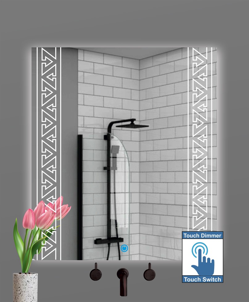 Καθρέπτης μπάνιου με σχέδιο αμμοβολής και φωτισμό led με διακόπτη on/off αφής με dimmer