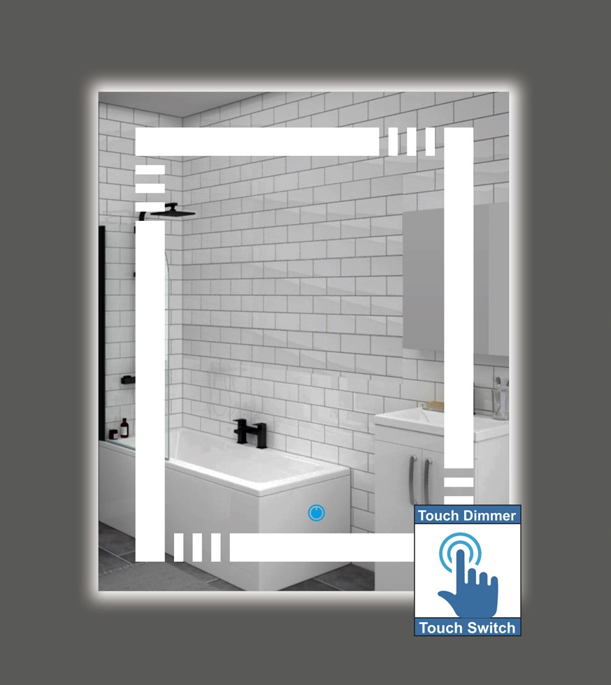 Καθρέπτης μπάνιου, κρεμαστός, ορθογώνιος παραλληλόγραμμος, με σχέδιο αμμοβολής και διακόπτη οn/off αφής με dimmer. Δυνατότητα επιλογής διαστάσεων και χρώματος φωτισμού θερμού, ψυχρού ή RGB με controller.