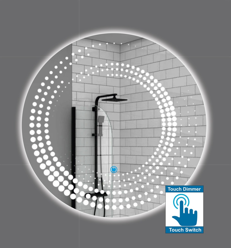Καθρέπτης μπάνιου στρογγυλός με μοντέρνο φωτιζόμενο σχέδιο αμμοβολής και διακόπτη on/off με τεχνολογία αφής με dimmer
