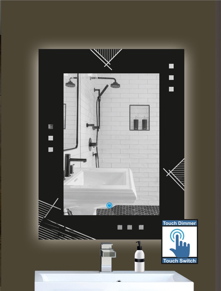 Καθρέπτης μπάνιου με σχέδιο αμμοβολής περιμετρικά σε μαύρο φόντο και led φωτισμό με διακόπτη on/off με τεχνολογία αφής και dimmer φωτεινότητας.  Δυνατότητα επιλογής απόχρωσης  περιμετρικής αμμοβολής σύμφωνα με τον χώρο σας.