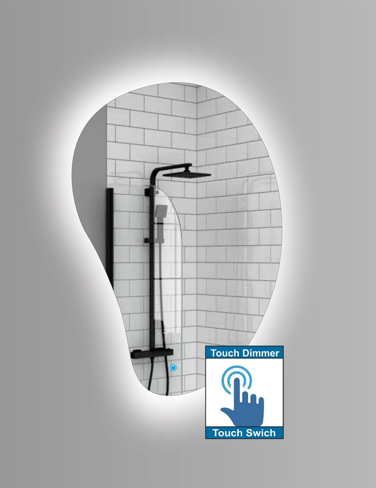 Καθρέπτης μπάνιου πάχους 5χιλ. σε σχήμα βότσαλο και φωτισμό Led με τεχνολογία διακόπτη αφής on/off με dimmer για την ρύθμιση της επιθυμητής φωτεινότητας