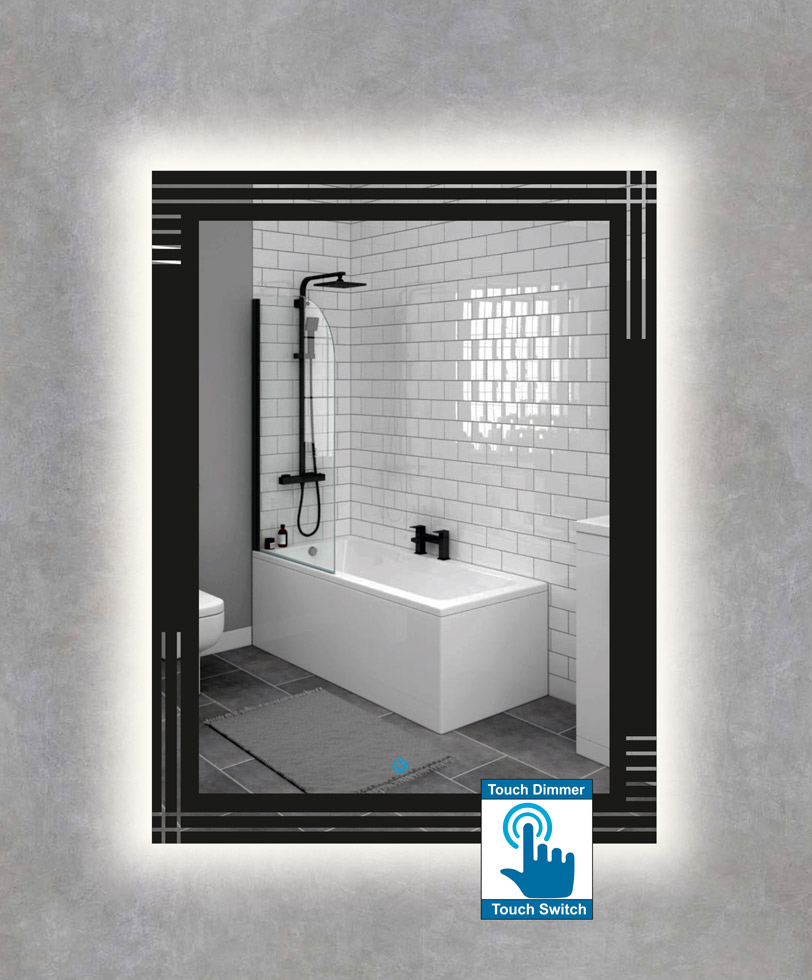 Καθρέπτης μπάνιου με σχέδιο αμμοβολής περιμετρικά σε μαύρο φόντο και led φωτισμό με διακόπτη on/off με τεχνολογία αφής και dimmer φωτεινότητας. Δυνατότητα επιλογής απόχρωσης  περιμετρικής αμμοβολής σύμφωνα με τον χώρο σας.