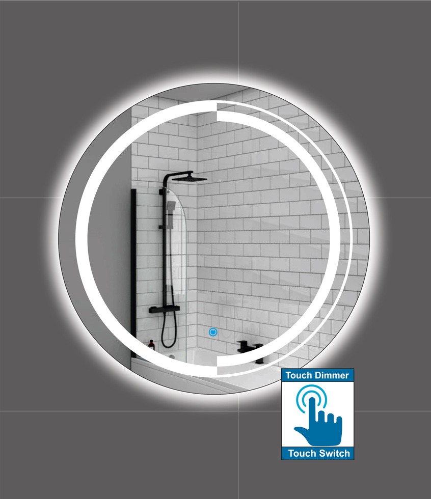 Καθρέπτης μπάνιου στρογγυλός με σχέδιο αμμοβολής  και led φωτισμό με διακόπτη on/off με τεχνολογία αφής με dimmer φωτεινότητας.