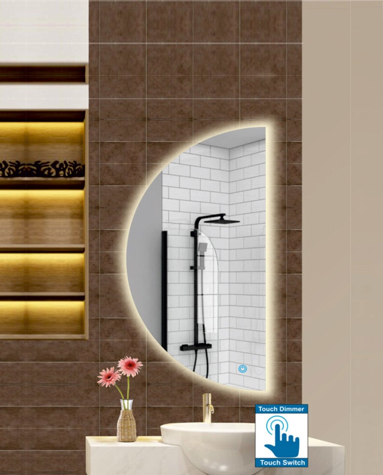 Καθρέπτης μπάνιου σε σχήμα ημικύκλιο με led φωτισμό και διακόπτη On/off με τεχνολογία αφής με dimmer για να μπορείτε να ρυθμίζετε την φωτεινότητα σύμφωνα με το χώρο σας.