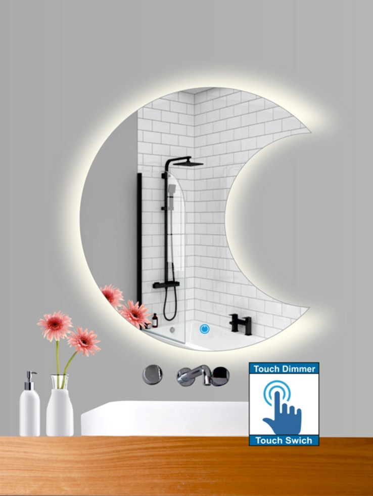 Καθρέπτης μπάνιου σε σχήμα ημικύκλιο φεγγάρι με led φωτισμό και διακόπτη On/off με τεχνολογία αφής με dimmer για να μπορείτε να ρυθμίζετε την φωτεινότητα σύμφωνα με το χώρο σας.