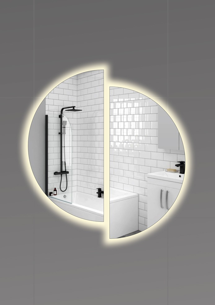 Καθρέπτης μπάνιου δίπτυχος αποτελούμενος από δυο ημικύκλιους καθρέπτες οι οποίοι τοποθετούνται κατά προτίμηση ανισόπεδα όπως προβάλλονται στο site. Δυνατότητα επιλογής led φωτισμού σε θερμό ή ψυχρό λευκό.