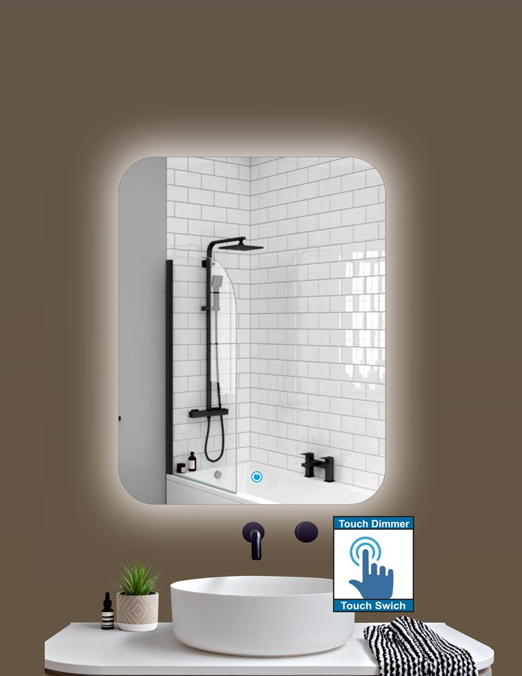 Καθρέπτης μπάνιου με στρογγυλές γωνίες ορθογώνιος παραλληλόγραμμος και επιλογή για led αρχιτεκτονικό φωτισμό και διακόπτη on/off με τεχνολογία αφής με dimmer για επιθυμητή ρύθμιση έντασης φωτός.
