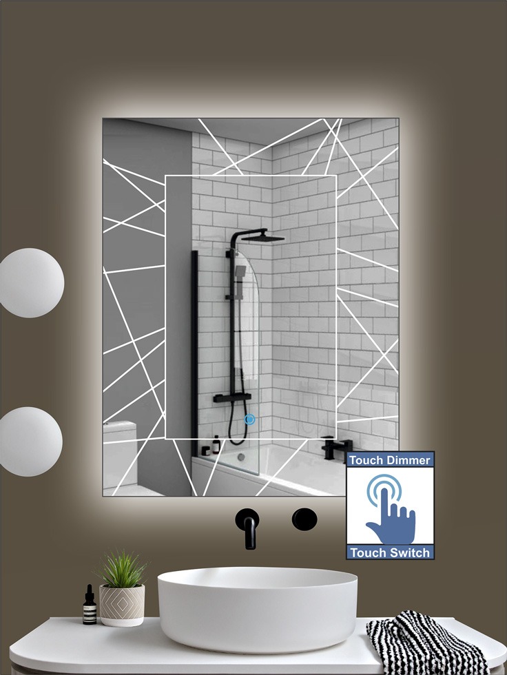 Καθρέπτης μπάνιου κρεμαστός με led φωτισμό, μοντέρνο σχέδιο με γραμμές αμμοβολής και διακόπτη On/off με τεχνολογία αφής και dimmer για ρύθμιση της φωτεινότητας.