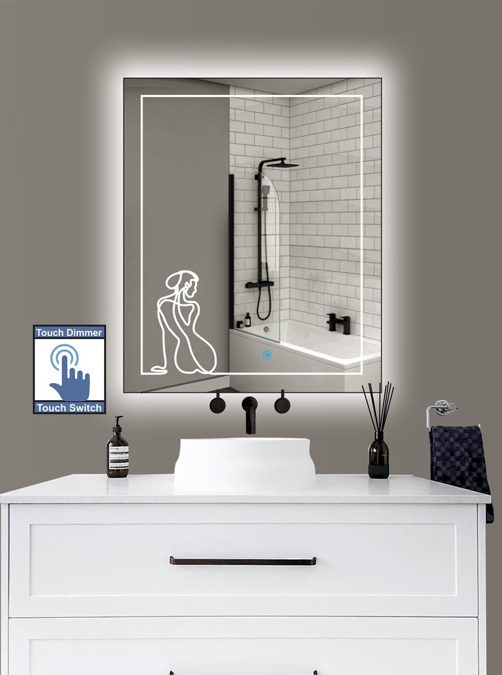 Καθρέπτης μπάνιου κρεμαστός ορθογώνιος παραλληλόγραμμος με μοντέρνο σχέδιο αμμοβολής και διακόπτη οn/off με τεχνολογία αφής και dimmer για ρύθμιση της φωτεινότητας. Δυνατότητα επιλογής διαστάσεων και χρώματος φωτισμού θερμού, ψυχρού, ουδέτερου ή RGB (χρώματα της ίριδας) με τηλεχειρισμό.
