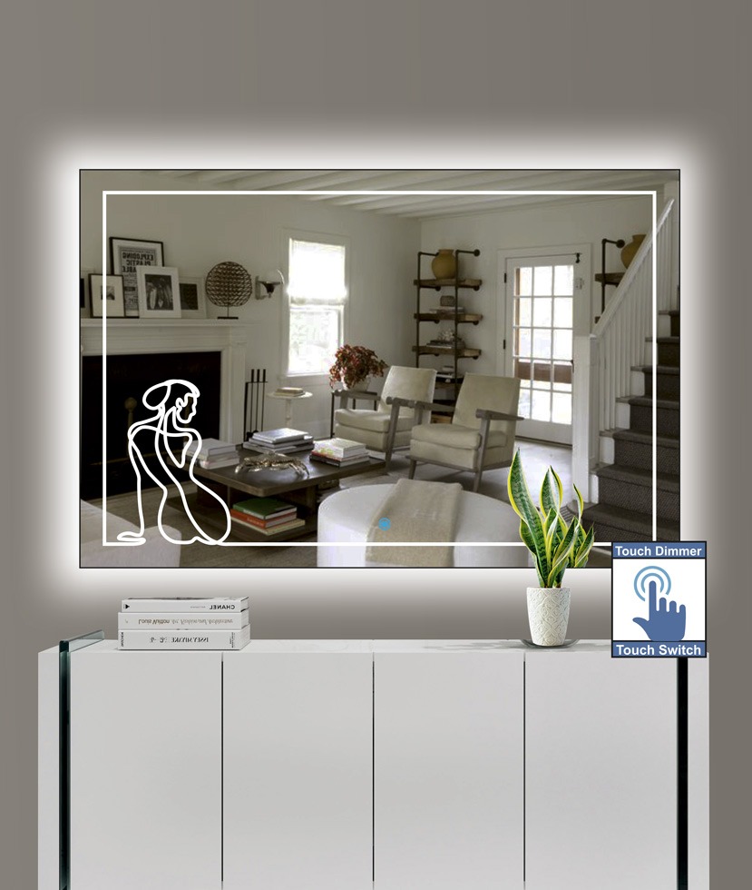 Καθρέπτης τοίχου κρεμαστός ορθογώνιος παραλληλόγραμμος με μοντέρνο σχέδιο αμμοβολής και διακόπτη οn/off με τεχνολογία αφής και dimmer για ρύθμιση της φωτεινότητας. Δυνατότητα επιλογής διαστάσεων και χρώματος φωτισμού θερμού, ψυχρού, ουδέτερου ή RGB (χρώματα της ίριδας) με τηλεχειρισμό.