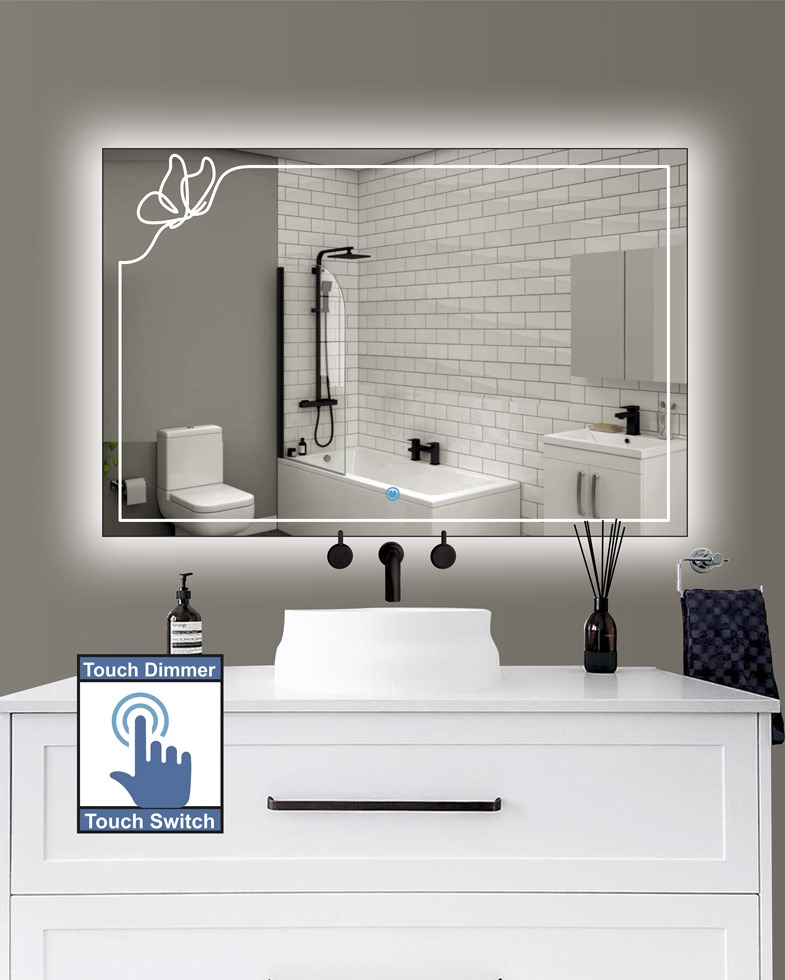 Καθρέπτης μπάνιου κρεμαστός ορθογώνιος παραλληλόγραμμος με μοντέρνο σχέδιο αμμοβολής και διακόπτη οn/off με τεχνολογία αφής και dimmer για ρύθμιση της φωτεινότητας. Δυνατότητα επιλογής διαστάσεων και χρώματος φωτισμού θερμού, ψυχρού, ουδέτερου ή RGB (χρώματα της ίριδας) με τηλεχειρισμό.