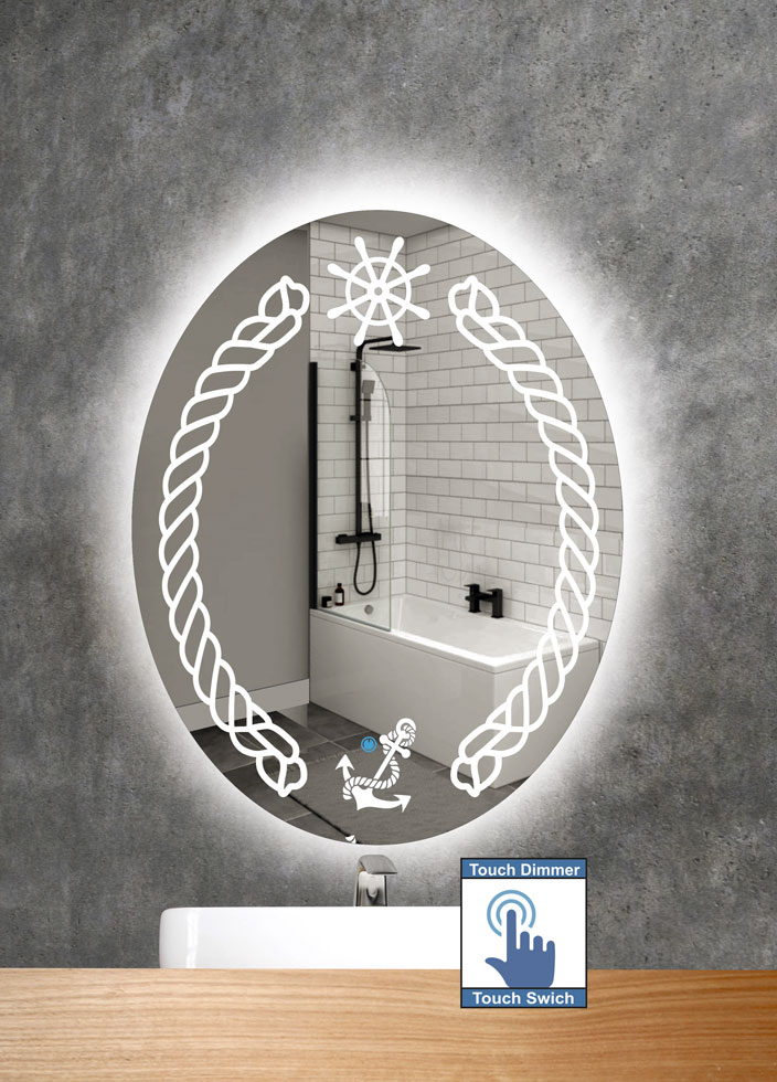 Καθρέπτης μπάνιου 5χιλ.AGC Βελγίου οβάλ με led φωτισμό, σε σχέδιο αμμοβολής Marine2 και διακόπτη on/off με τεχνολογία αφής και dimmer για ρύθμιση της φωτεινότητας.