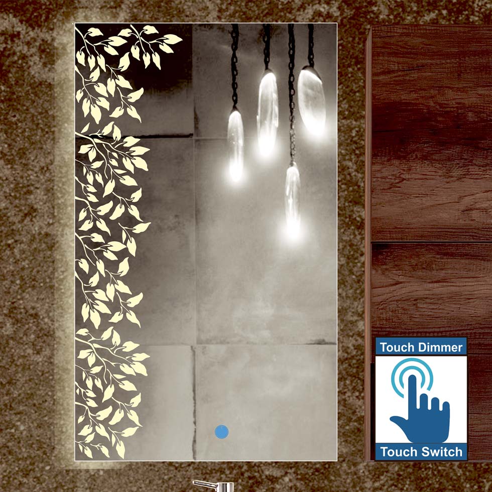 Καθρέπτης μπάνιου κρεμαστός με led φωτισμό, σχέδιο αμμοβολής και διακόπτη On/off με τεχνολογία αφής και dimmer.