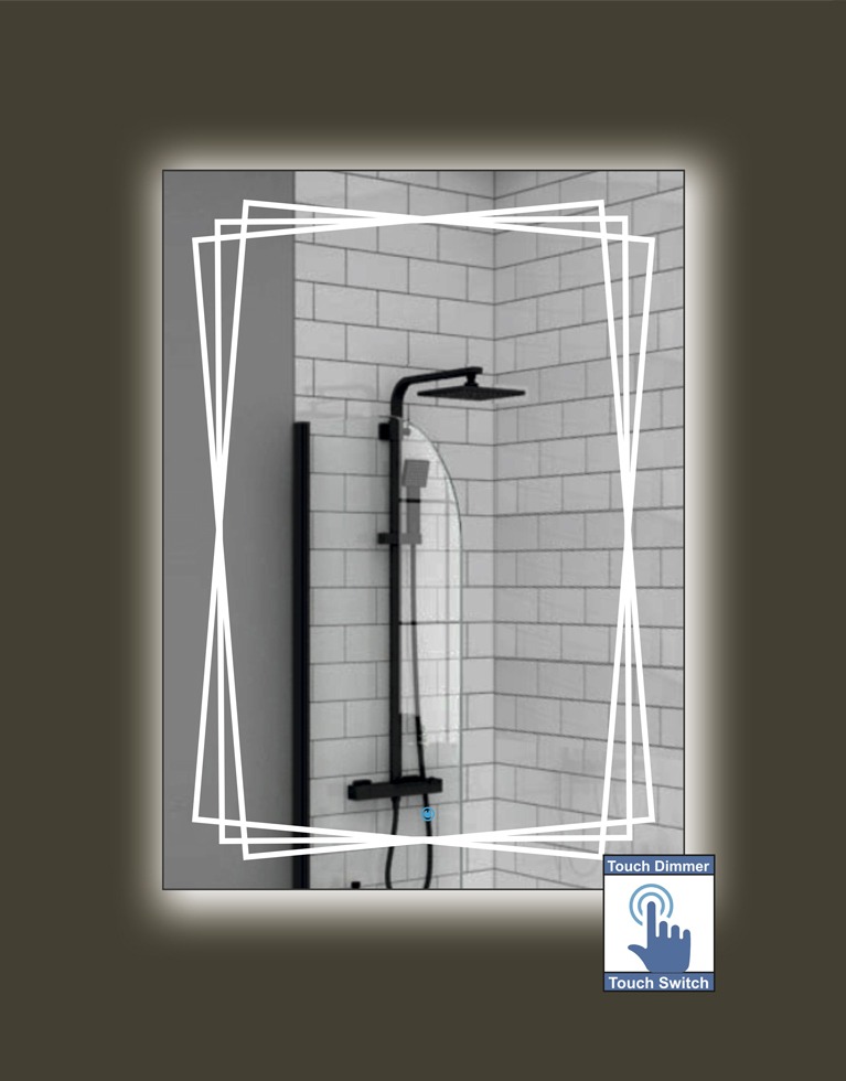 Καθρέπτης μπάνιου κρεμαστός, με σχέδιο αμμοβολής, ορθογώνιος, με led φωτισμό περιμετρικά και τεχνολογία διακόπτη on/off αφής με dimmer. Δυνατότητα επιλογής κορνίζας διαστάσεων και χρώματος φωτισμού θερμό, ψυχρό, φυσικό ημέρας ή RGB πολλών χρωμάτων με τηλεχειρισμό