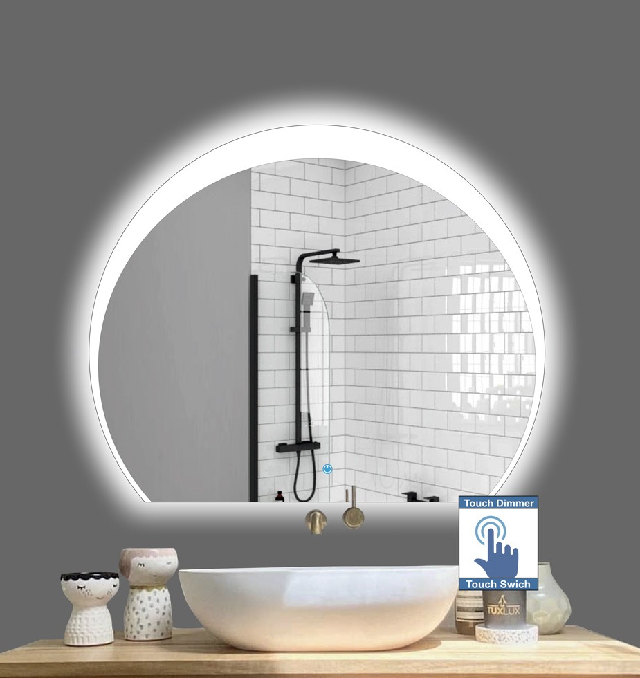 Καθρέπτης Μπάνιου 5χιλ. σε σχήμα Ημικύκλιο με μοντέρνο σχέδιο αμμοβολής Led φωτισμό και διακόπτη με τεχνολογία αφής και dimmer για ρύθμιση της φωτεινότητας. Δυνατότητα επιλογής διαστάσεων και φωτισμού θερμό, ψυχρό, φυσικό ημέρας ή RGB πολλών χρωμάτων με τηλεχειρισμό