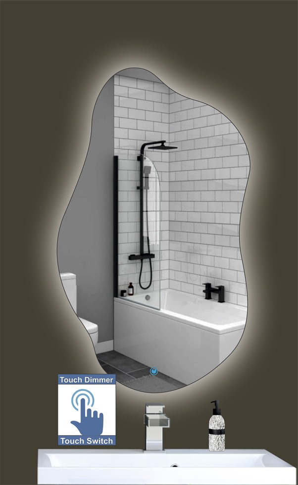 Καθρέπτης μπάνιου κρεμαστός σε σχήμα βότσαλο με φωτισμό led και διακόπτη on/off με τεχνολογία αφής με dimmer για ρύθμιση της φωτεινότητας. Δυνατότητα επιλογής διαστάσεων και χρώματος φωτισμού θερμού, ψυχρού, φυσικού ή RGB με τηλεχειρισμό. Μπορεί να τοποθετηθεί και οριζόντια κατόπιν γραπτής ή τηλεφωνικής σας επικοινωνίας.
