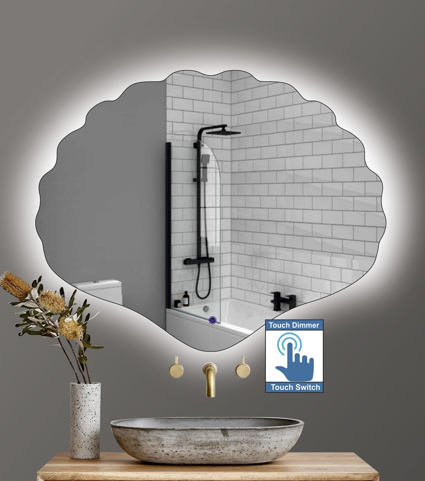 Καθρέπτης μπάνιου κρεμαστός σε σχήμα κοχύλι με φωτισμό led και διακόπτη on/off με τεχνολογία αφής και dimmer για ρύθμιση της φωτεινότητας. Δυνατότητα επιλογής διαστάσεων και χρώματος φωτισμού θερμού, ψυχρού ή RGB με τηλεχειρισμό.