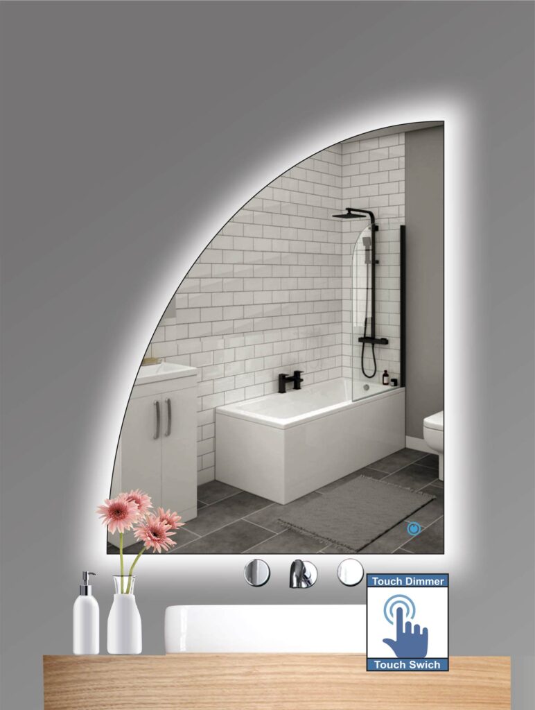 Καθρέπτης μπάνιου σε σχήμα ημικύκλιο (ένα τέταρτο του κύκλου) με led φωτισμό και διακόπτη On/off με τεχνολογία αφής με dimmer για να μπορείτε να ρυθμίζετε την φωτεινότητα σύμφωνα με το χώρο σας. Το πάχος του καθρέπτη είναι 5χιλ. και έχει αντιδιαβρωτική επίστρωση.