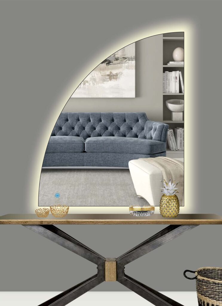 Καθρέπτης μπάνιου σε σχήμα ημικύκλιο (ένα τέταρτο του κύκλου) με led φωτισμό και διακόπτη On/off με τεχνολογία αφής με dimmer για να μπορείτε να ρυθμίζετε την φωτεινότητα σύμφωνα με το χώρο σας. Μπορείτε να μας υποδείξετε στις παρατηρήσεις εάν θέλετε δεξιά ή αριστερή γωνία καθρέπτη. Το πάχος του καθρέπτη είναι 5χιλ. και έχει αντιδιαβρωτική επίστρωση.