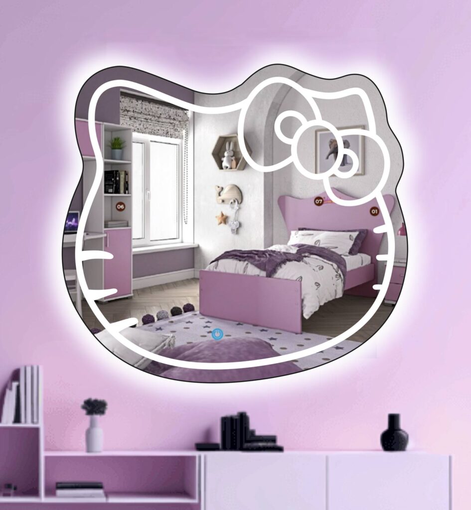 Καθρέπτης μπάνιου σε παιδικό σχέδιο με led φωτισμό και διακόπτη on/off τεχνολογίας αφής με dimmer για ρύθμιση της φωτεινότητας. Δυνατότητα επιλογής διαστάσεων και απόχρωσης φωτισμού θερμό, ψυχρό, ουδέτερο ή RGB (πολύχρωμο) με τηλεχειρισμό.