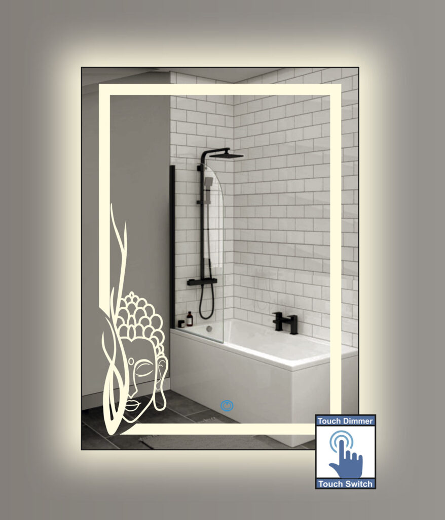 Καθρέπτης μπάνιου κρεμαστός, ορθογώνιος παραλληλόγραμμος, με σχέδιο αμμοβολής και διακόπτη οn/off με τεχνολογία αφής και dimmer για ρύθμιση της φωτεινότητας Επιλογή διαστάσεων, κορνίζας και φωτισμού θερμό, ψυχρό, φυσικό ημέρας ή RGB πολλών χρωμάτων με τηλεχειρισμό