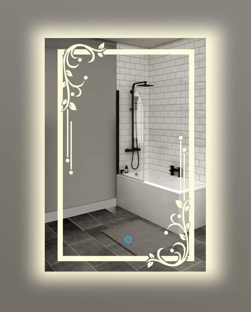 Καθρέπτης μπάνιου, κρεμαστός, ορθογώνιος παραλληλόγραμμος, με σχέδιο αμμοβολής και διακόπτη οn/off αφής με dimmer για ρύθμιση της φωτεινότητας. Δυνατότητα επιλογής κορνίζας διαστάσεων και χρώματος φωτισμού θερμού, ψυχρού, φυσικού ή RGB με τηλεχειρισμό