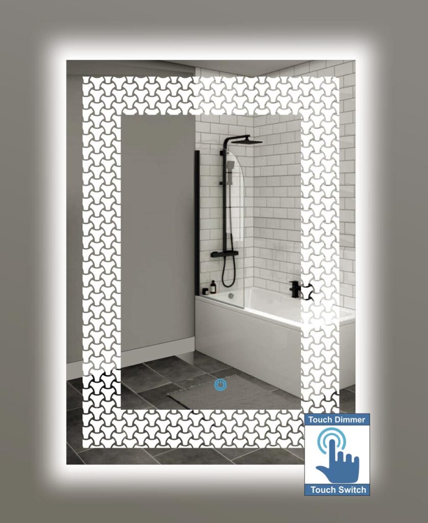 Καθρέπτης μπάνιου, κρεμαστός, ορθογώνιος παραλληλόγραμμος, με σχέδιο αμμοβολής και διακόπτη οn/off αφής με dimmer για ρύθμιση της φωτεινότητας. Δυνατότητα επιλογής κορνίζας διαστάσεων και χρώματος φωτισμού θερμού, ψυχρού, φυσικού ή RGB με τηλεχειρισμό