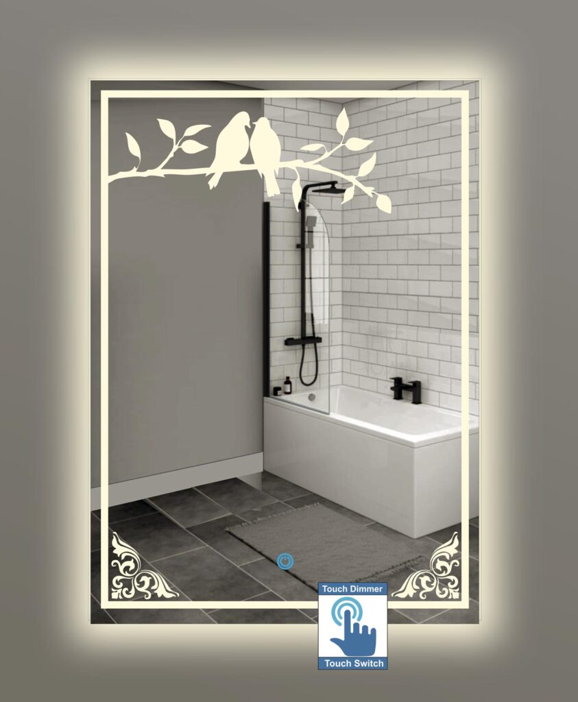 Καθρέπτης μπάνιου, κρεμαστός, ορθογώνιος παραλληλόγραμμος, με σχέδιο αμμοβολής και διακόπτη οn/off αφής με dimmer για ρύθμιση της φωτεινότητας. Δυνατότητα επιλογής κορνίζας διαστάσεων και χρώματος φωτισμού θερμού, ψυχρού, φυσικού ή RGB με τηλεχειρισμό