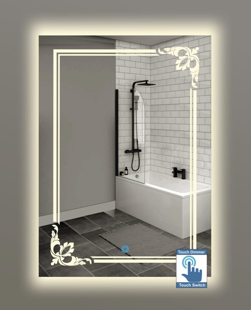 Καθρέπτης μπάνιου, κρεμαστός, ορθογώνιος παραλληλόγραμμος, με σχέδιο αμμοβολής και διακόπτη οn/off αφής με dimmer για ρύθμιση της φωτεινότητας. Δυνατότητα επιλογής κορνίζας διαστάσεων και χρώματος φωτισμού θερμού, ψυχρού, φυσικού ή RGB με τηλεχειρισμό