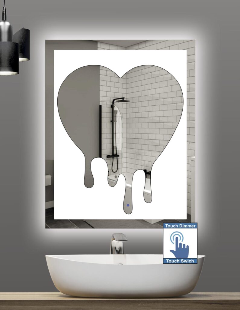 Καθρέπτης μπάνιου ή τοίχου  σε σχήμα καρδιάς σε λευκό φόντο (διατίθεται και σε άλλες αποχρώσεις) με led φωτισμό και διακόπτη on/off τεχνολογίας αφής με dimmer για ρύθμιση της φωτεινότητας. Δυνατότητα επιλογής επιθυμητών διαστάσεων και απόχρωσης φωτισμού θερμό, ψυχρό, ουδέτερο (φως ημέρας) ή RGB (πολλά χρώματα) με τηλεχειρισμό.