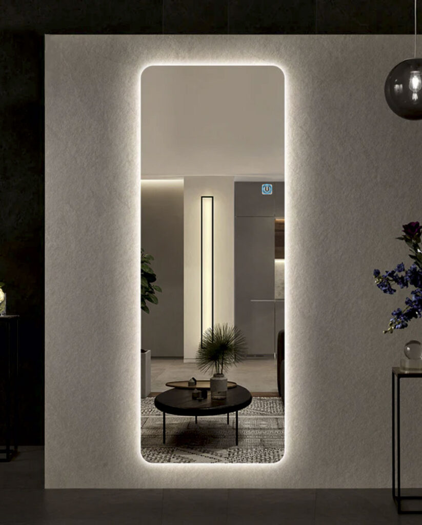 Ολόσωμος καθρέπτης τοίχου με επιλογή επιθυμητών διαστάσεων,  led φωτισμού και διακόπτη αφής και dimmer για ρύθμιση της φωτεινότητας