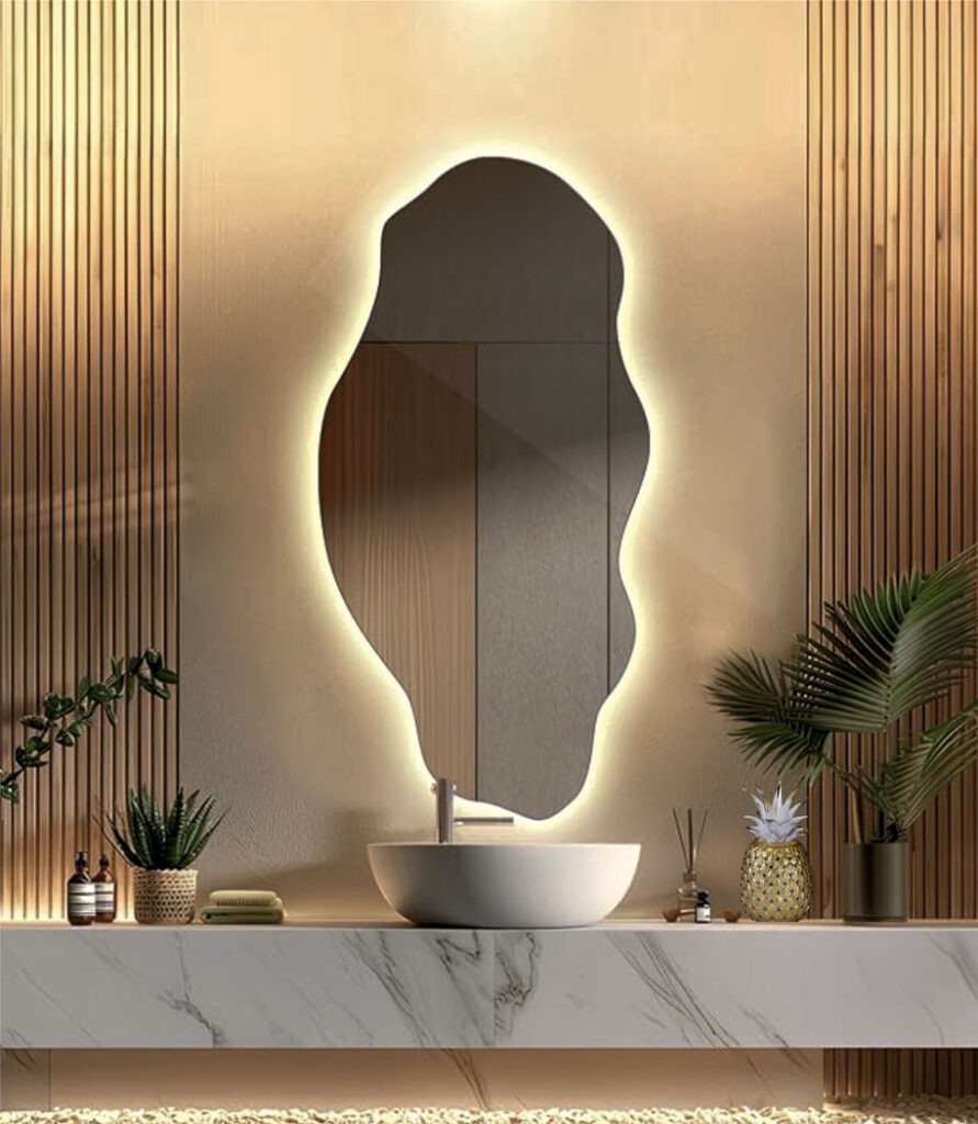 Καθρέπτης μπάνιου σε ελεύθερο σχήμα βότσαλο με επιλογή διαστάσεων, φωτισμού Led, διακόπτη αφής, αντιθαμβωτικό πάνελ και πλήθος smart λειτουργιών