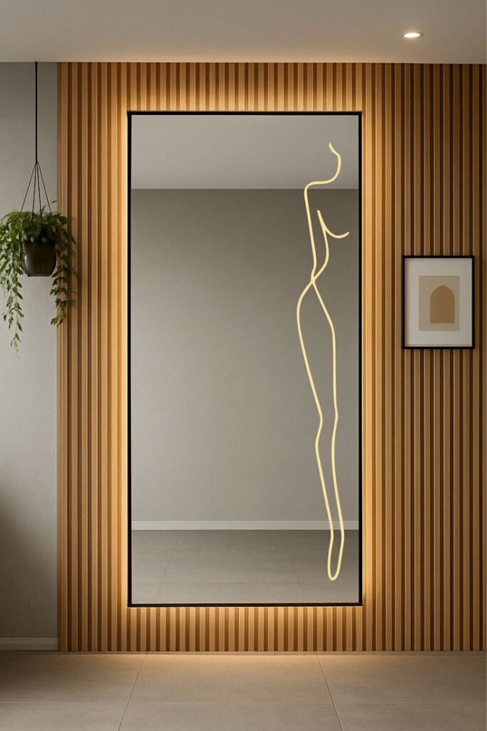 Ολόσωμος καθρέπτης τοίχου με σχέδιο αμμοβολής περιμετρικά ιδανική επιλογή για κάθε χώρο με επιλογή led φωτισμού και διακόπτη αφής με πλήθος smart επιλογές.