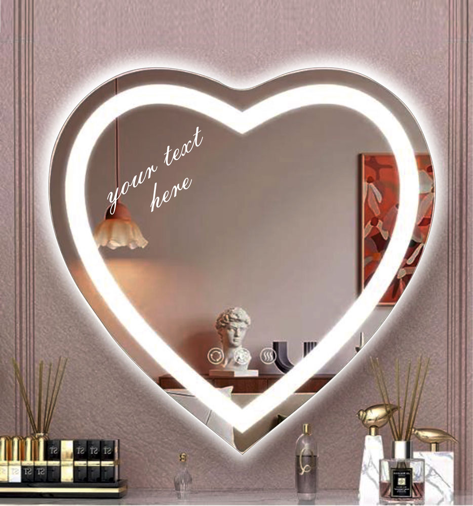 Καθρέπτης μπάνιου σε σχήμα καρδιάς με led φωτισμό και διακόπτη on/off τεχνολογίας αφής με dimmer για ρύθμιση της φωτεινότητας. Δυνατότητα επιλογής  επιθυμητών διαστάσεων και απόχρωσης φωτισμού θερμό, ψυχρό, ουδέτερο (φως ημέρας) ή RGB (πολλά χρώματα) με τηλεχειρισμό. Κατόπιν τηλεφωνικής σας επικοινωνίας υπάρχει δυνατότητα να γραφτεί επάνω στον καθρέπτη η δική σας αφιέρωση για το αγαπημένο σας πρόσωπο.
