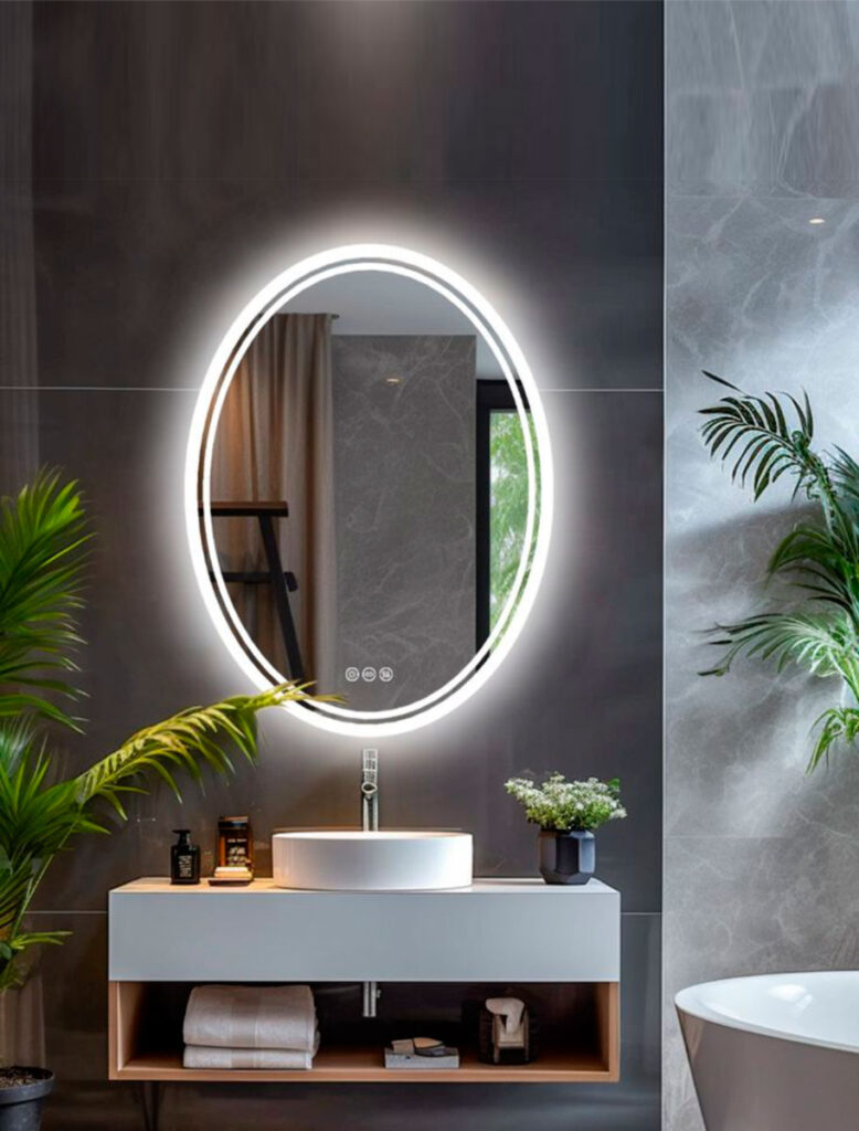 Καθρέπτης μπάνιου οβάλ με led φωτισμό, σχέδιο αμμοβολής και διακόπτη on/off με τεχνολογία αφής με dimmer για ρύθμιση της φωτεινότητας Δυνατότητα επιλογής διαστάσεων και φωτισμού