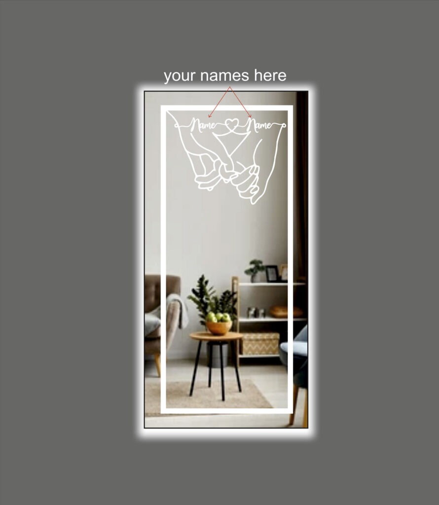 Καθρέπτης τοίχου με led φωτισμό. Κατόπιν τηλεφωνικής ή γραπτής σας επικοινωνίας υπάρχει δυνατότητα να γραφτούν επάνω στον καθρέπτη τα δικά σας ονόματα.