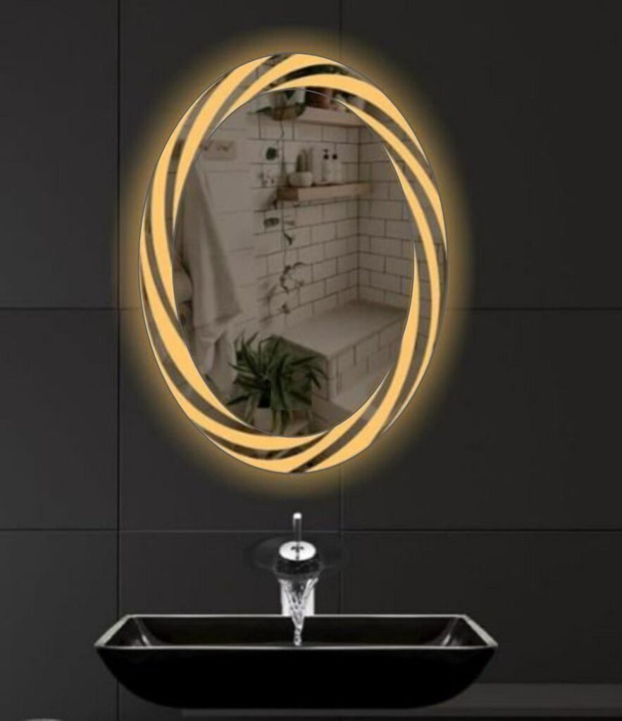 Καθρέπτης μπάνιου οβάλ με led φωτισμό, σχέδιο αμμοβολής και διακόπτη on/off με τεχνολογία αφής με dimmer για ρύθμιση της φωτεινότητας