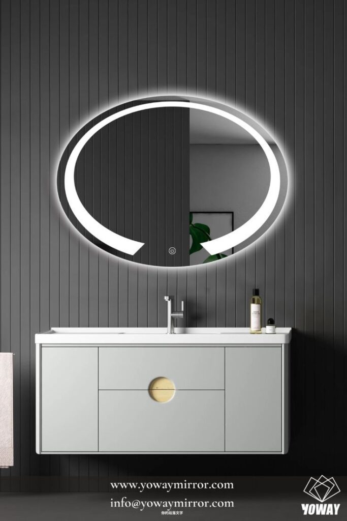 Καθρέπτης μπάνιου οβάλ με led φωτισμό, σχέδιο αμμοβολής και διακόπτη on/off με τεχνολογία αφής με dimmer για ρύθμιση της φωτεινότητας