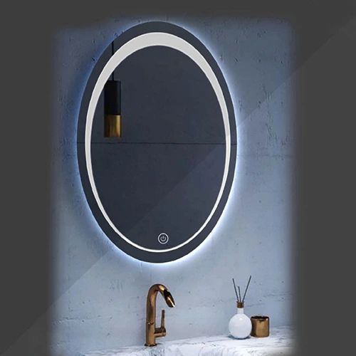 Καθρέπτης μπάνιου οβάλ με led φωτισμό, σχέδιο αμμοβολής και διακόπτη on/off με τεχνολογία αφής με dimmer για ρύθμιση της φωτεινότητας