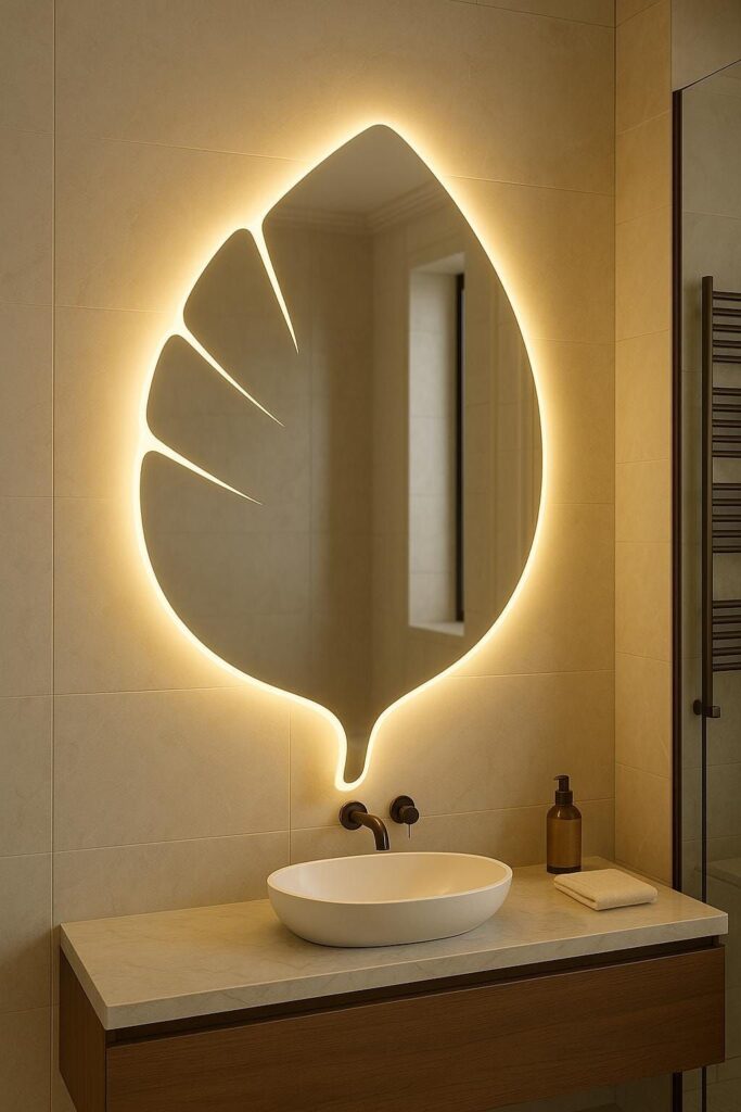 Καθρέπτης μπάνιου κρεμαστός σε σχήμα φύλλο με φωτισμό led και διακόπτη on/off με τεχνολογία αφής με dimmer για ρύθμιση της φωτεινότητας.